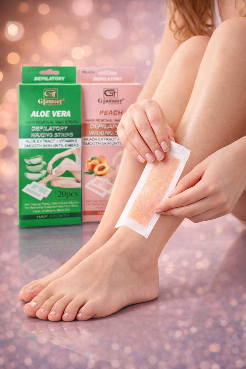 Glamour Touch Aloe Vera and Peach Depilatory Waxing Strips lifestyle shot