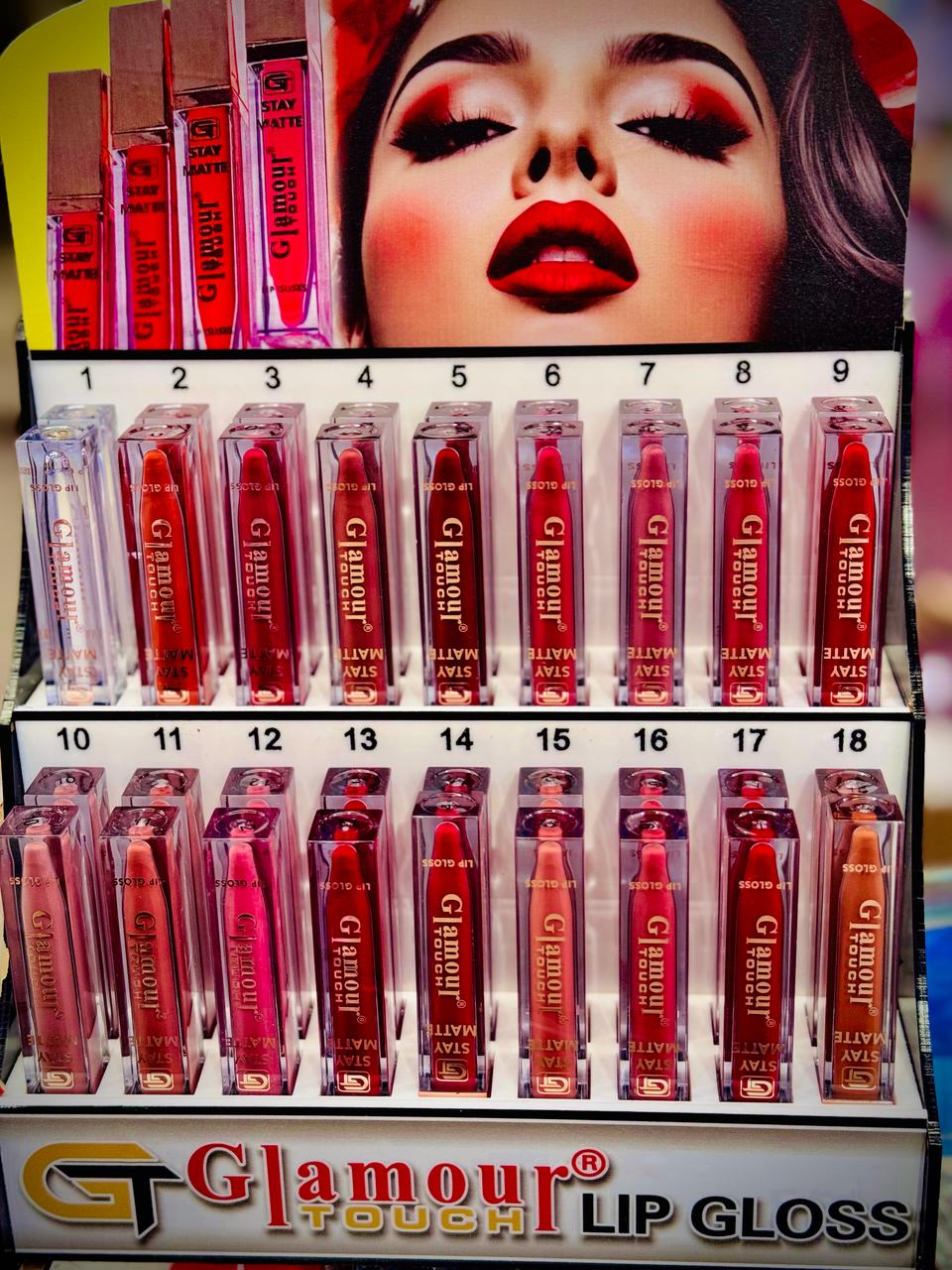 Glamour Touch Stay Matte Lip Gloss 18 shades display
