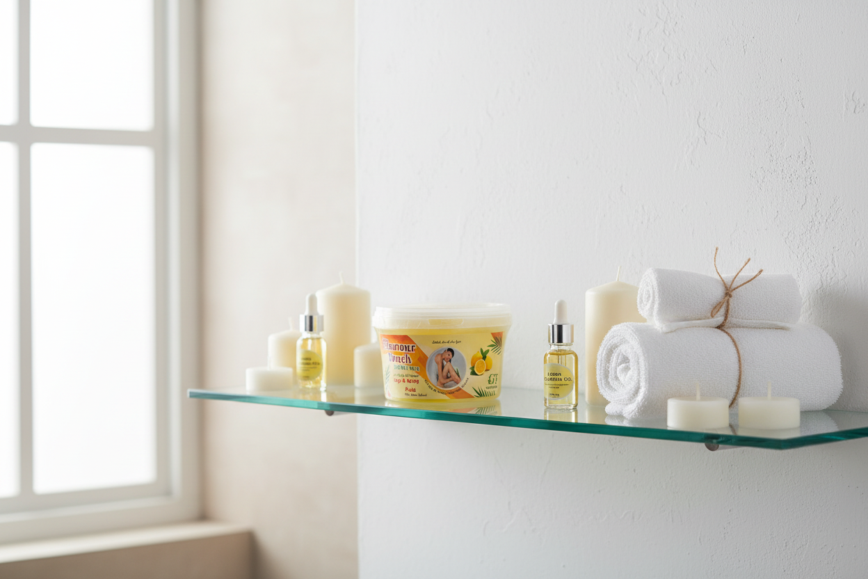 Glamour Touch Lemon Wax on modern bathroom shelf