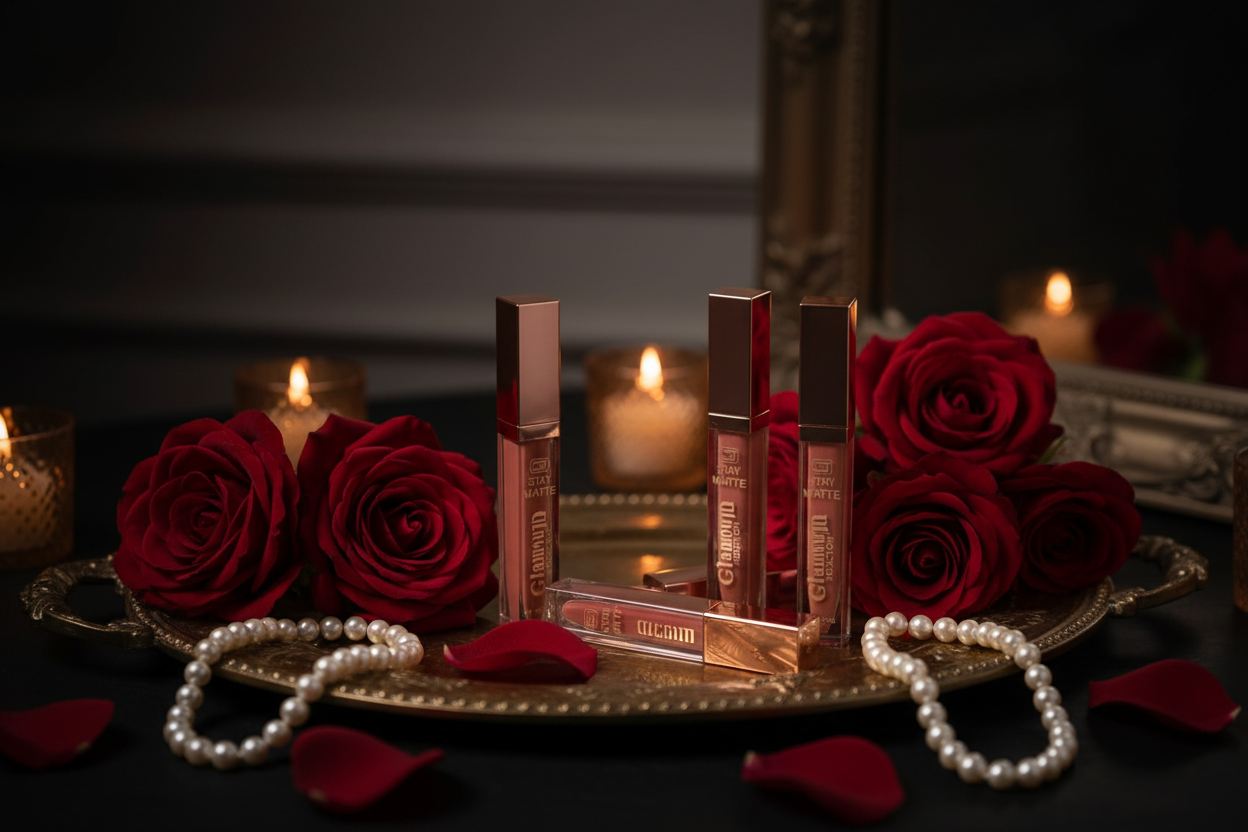 Glamour Touch Lip Gloss gold vanity tray with roses