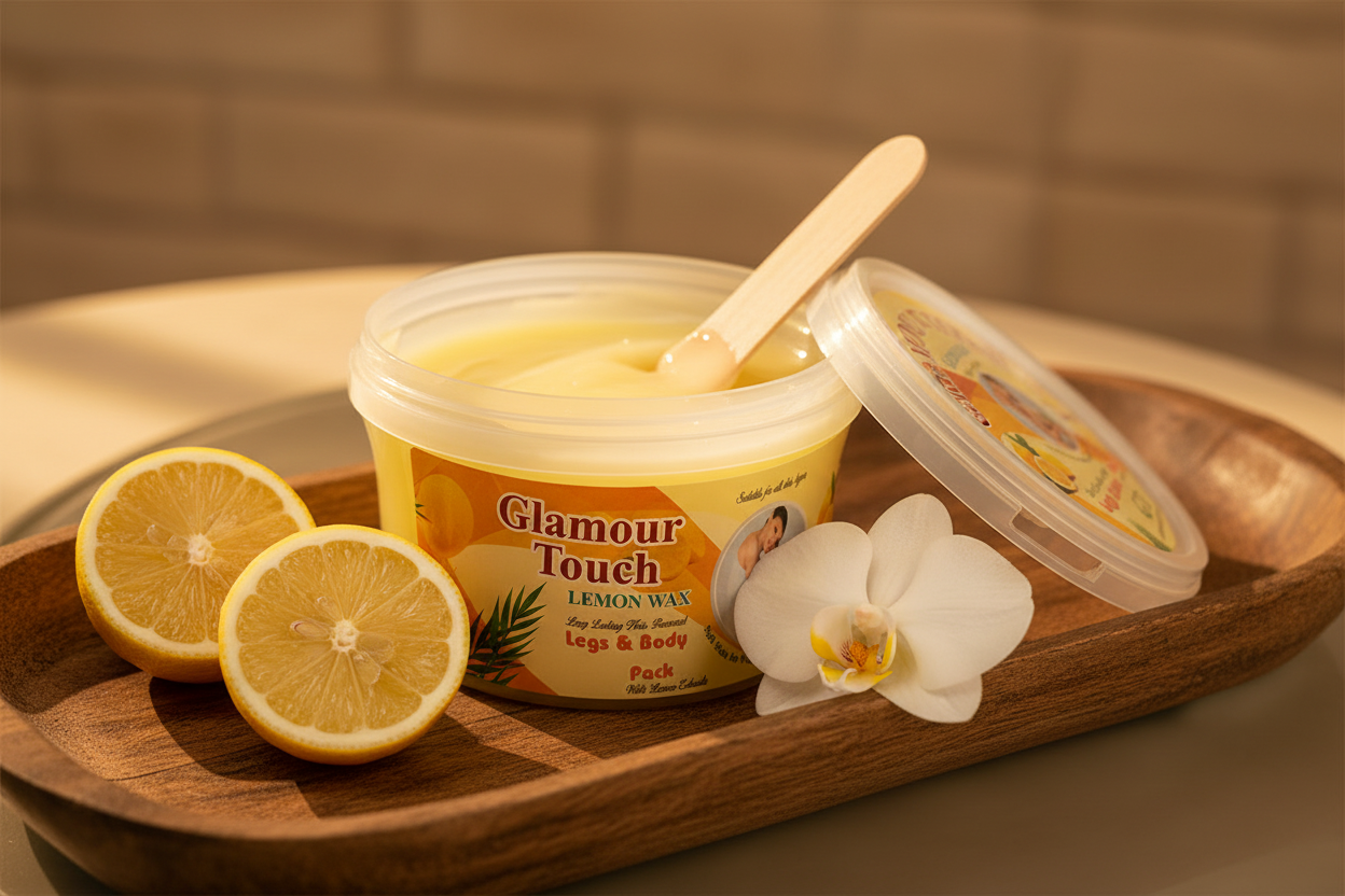 Glamour Touch Lemon Wax open lid on spa tray